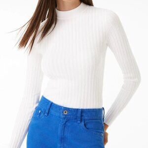 White Bershka Ribbed Knitted Polo Sweater